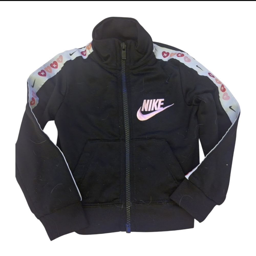 Girls 2T Nike Tricot Track Jacket Full Zip‎  Heart Sleeves Black/Pink